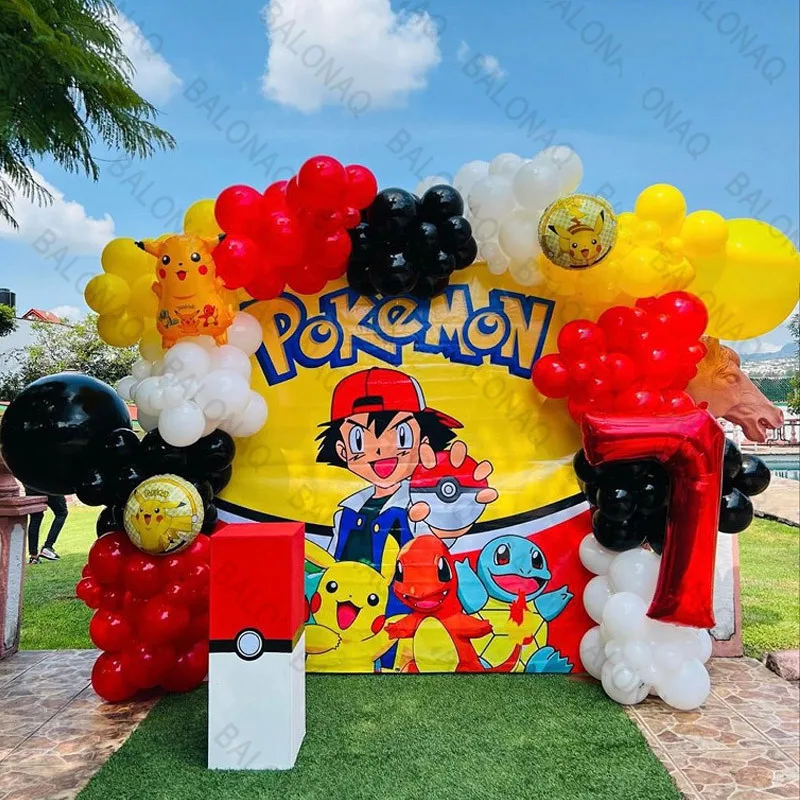 Balloon Arch Kit - 126個入り漫画ピカチュウテーマバルーンアーチガーランドセット赤黒黄色ラテックスバルーン子供誕生日ベビーシャワーパーティーデコレーション