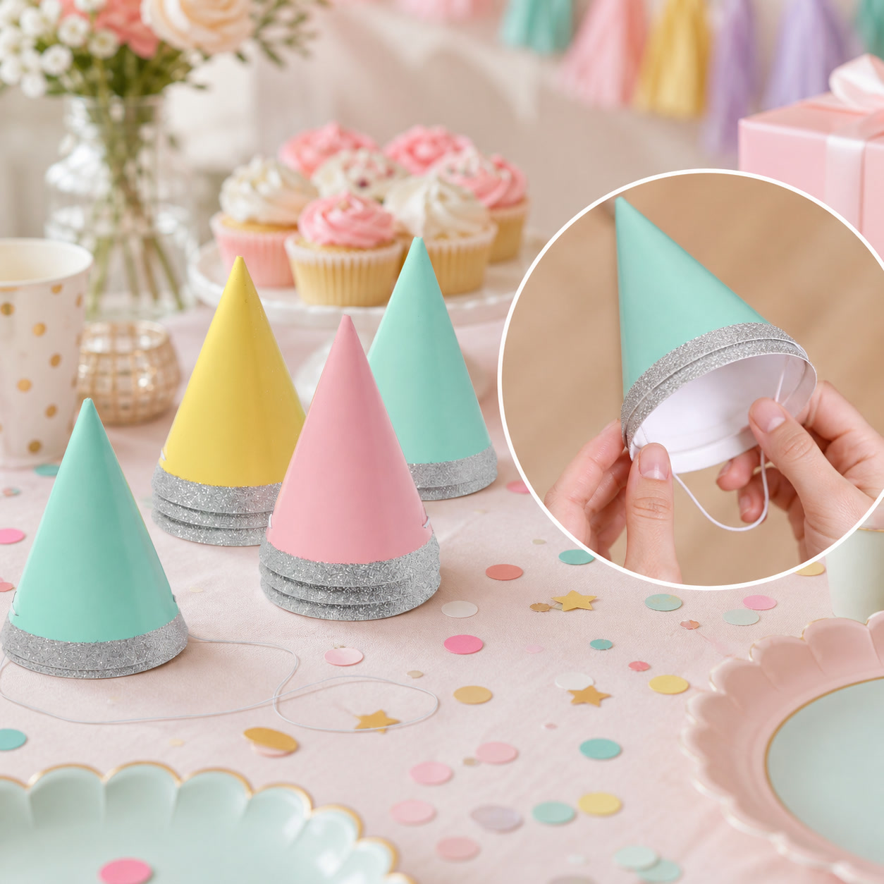 Party Hat Cone - 10個入り 4インチ ミニグリッターパーティーハット パステルコーンキャップ 誕生日 ベビーシャワー