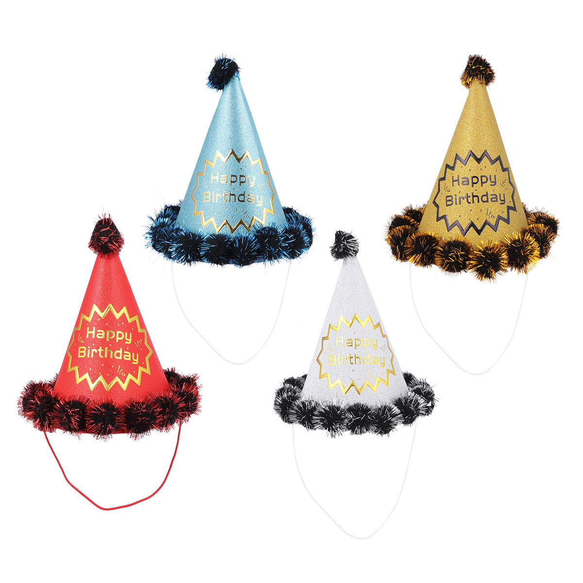 Party Hat Cone - 4個入りグリッターバースデーハット、光沢のある円錐形のパーティーキャップ、ゴールド、シルバー、レッド、ブルー、写真撮影用小道具、パーティーデコレーション用