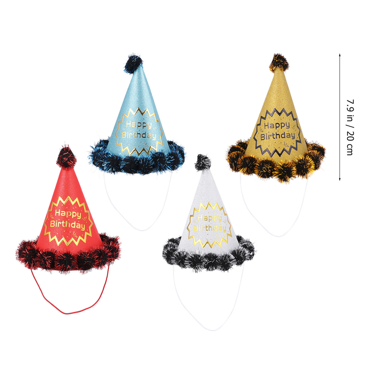 4個入りグリッターバースデーハット、光沢のある円錐形のパーテ - Party Hat Cone のレビューと価格